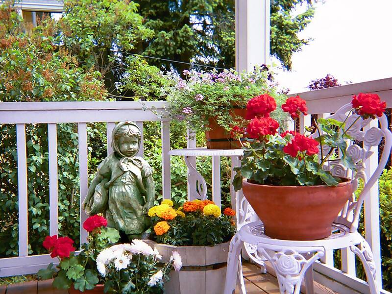 Potted plants arranged as a container garden on a front porch